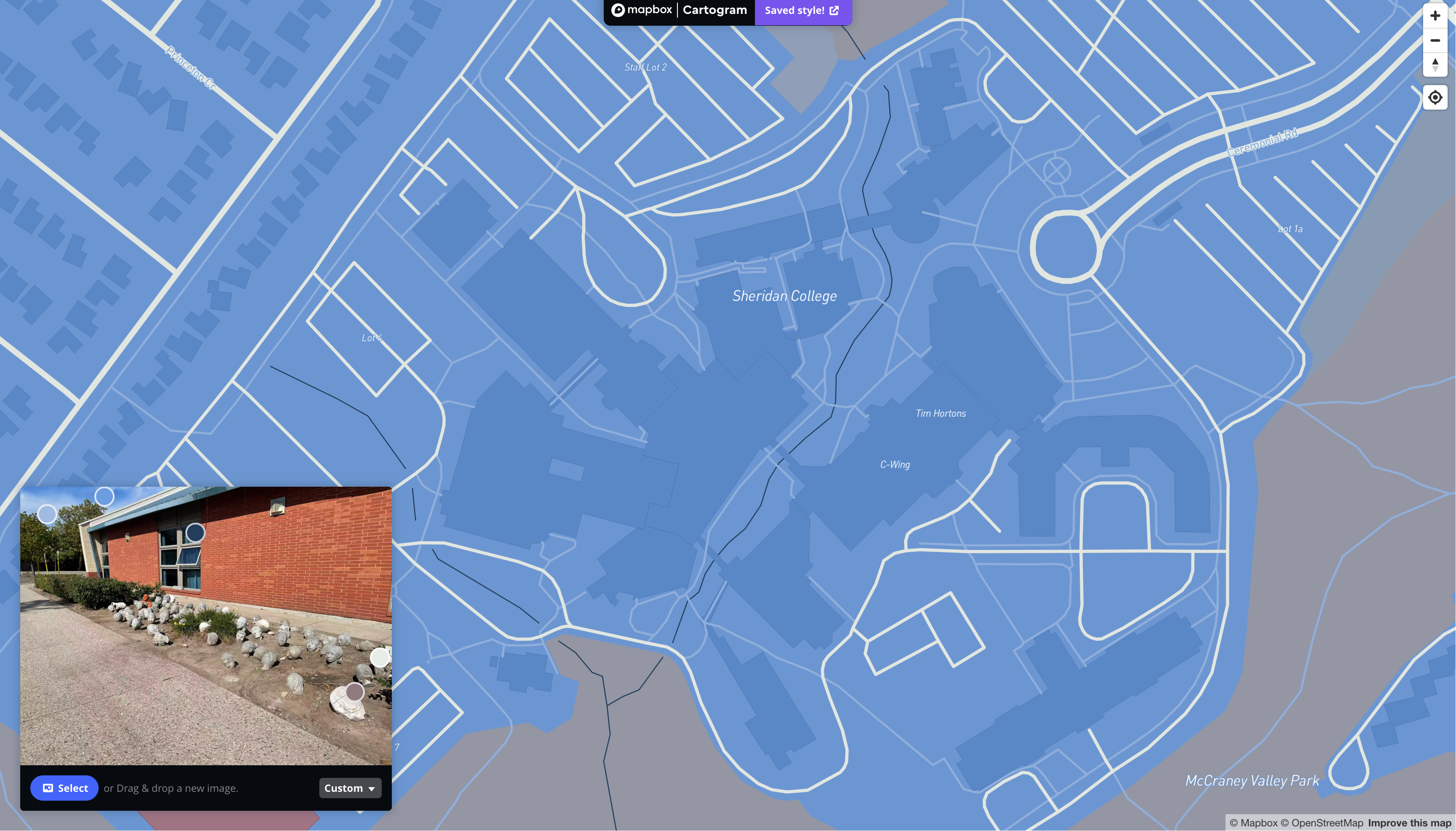 This is a map I styling with the image of an exterior place that is located at AA wings in Sheridan in Mapbox