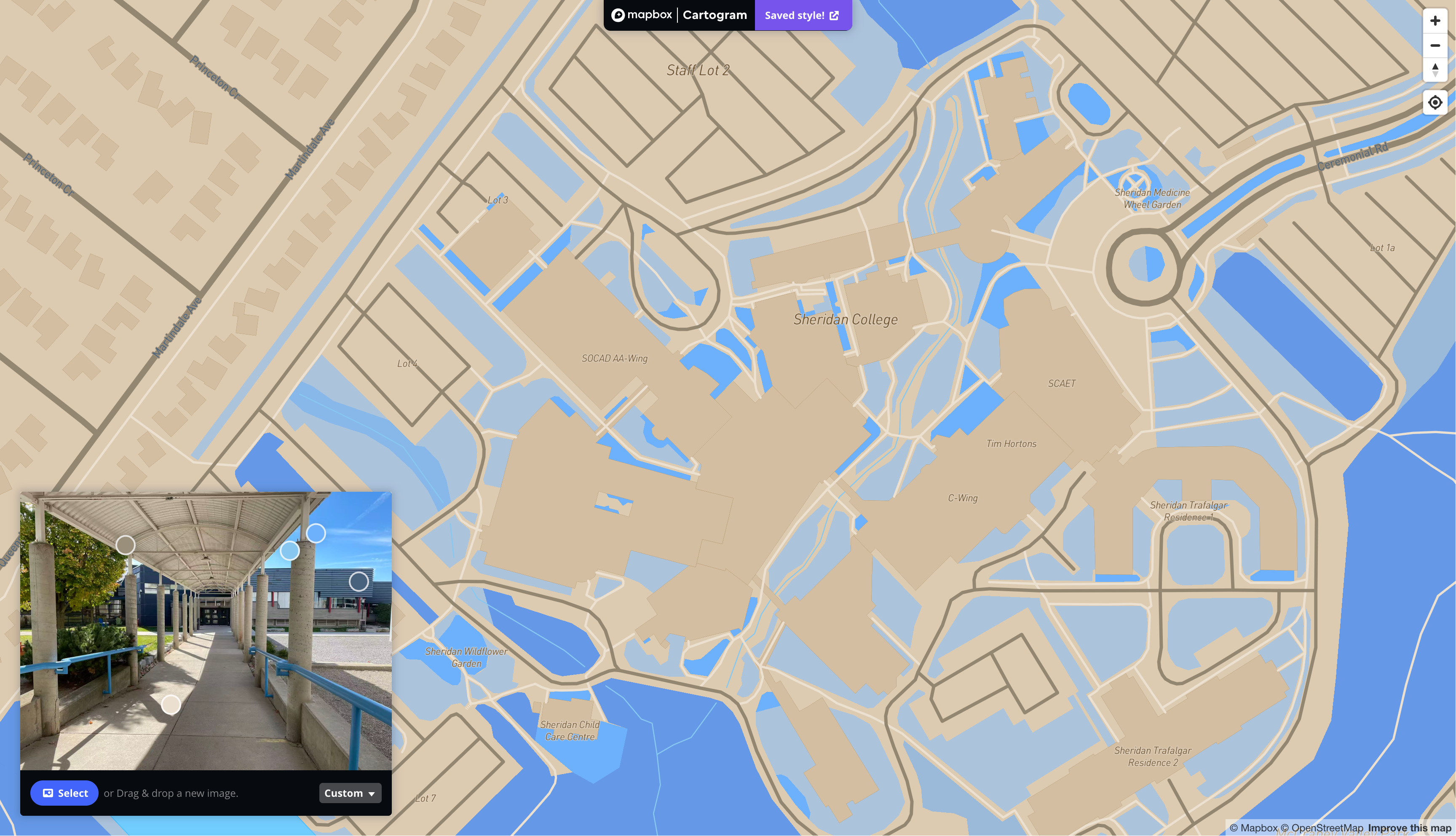 This is a map I styling with the image of an exterior place that is located at AA wings in Sheridan in Mapbox
