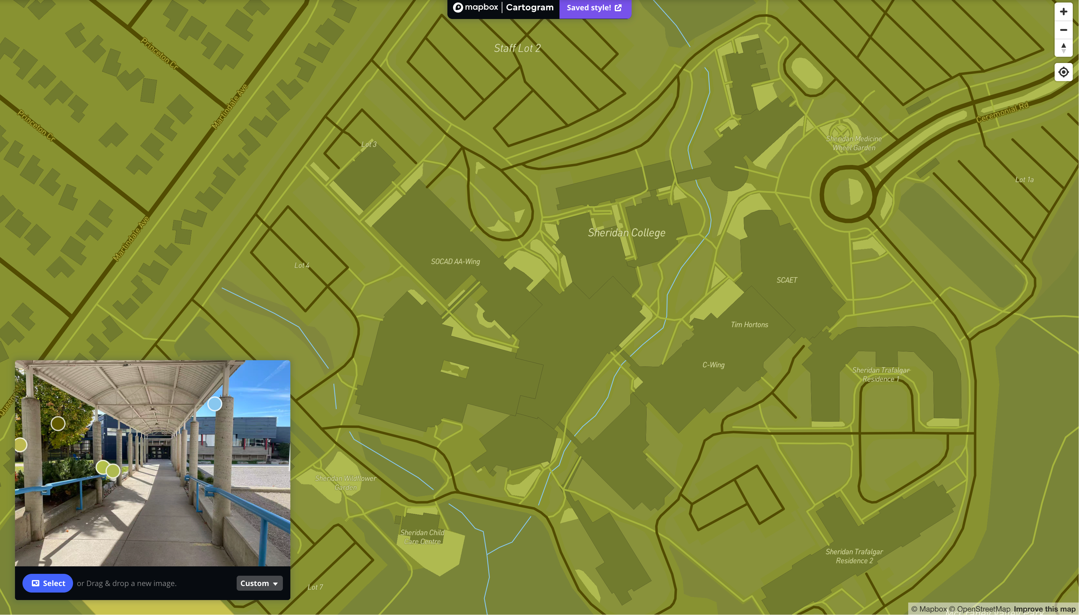 This is a map I styling with the image of an exterior place that is located at AA wings in Sheridan in Mapbox