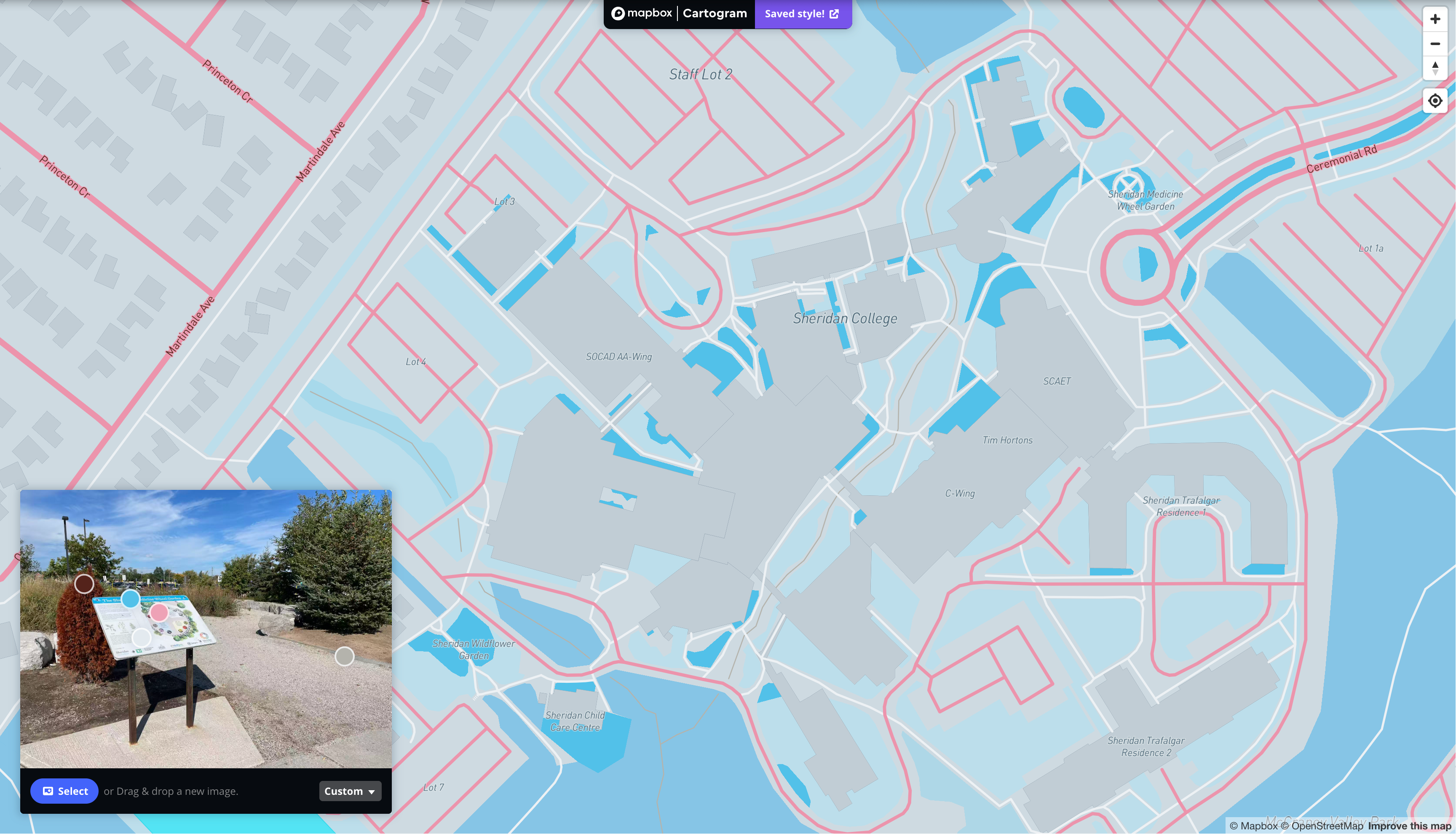 This is a map I styling with the image of exterior place that is located outside of J wings in Sheridan in Mapbox