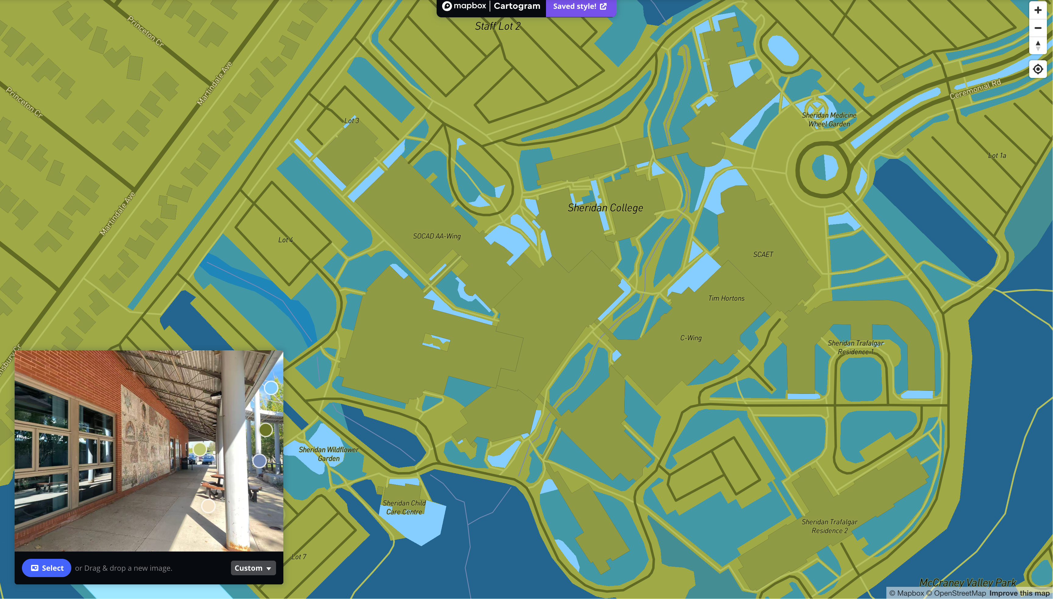 This is a map I styling with the image of an exterior place that is located outside of AA wings in Sheridan in Mapbox