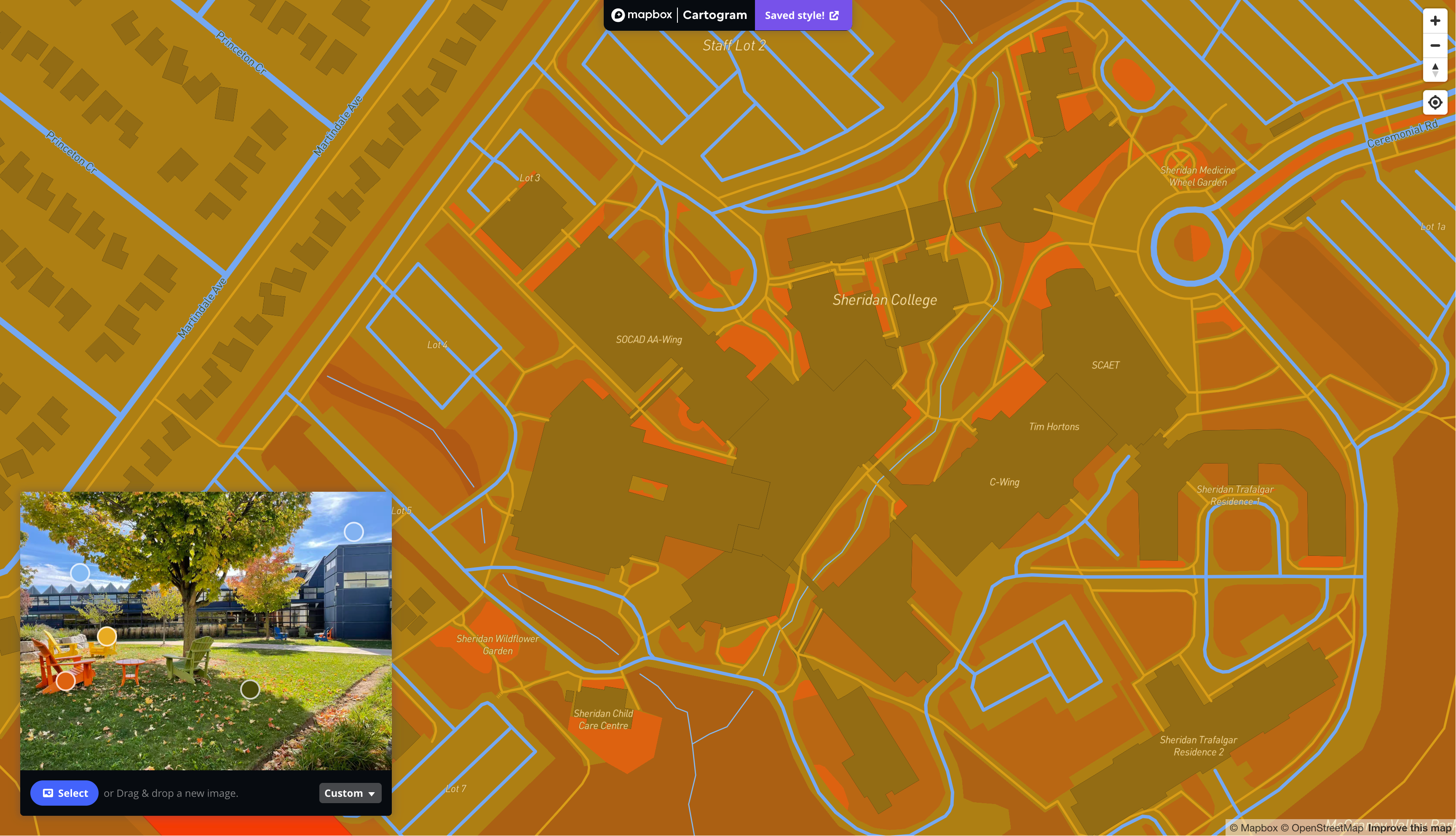 This is a map I styling with the image of an exterior place that is located outside of C wings in Sheridan in Mapbox
